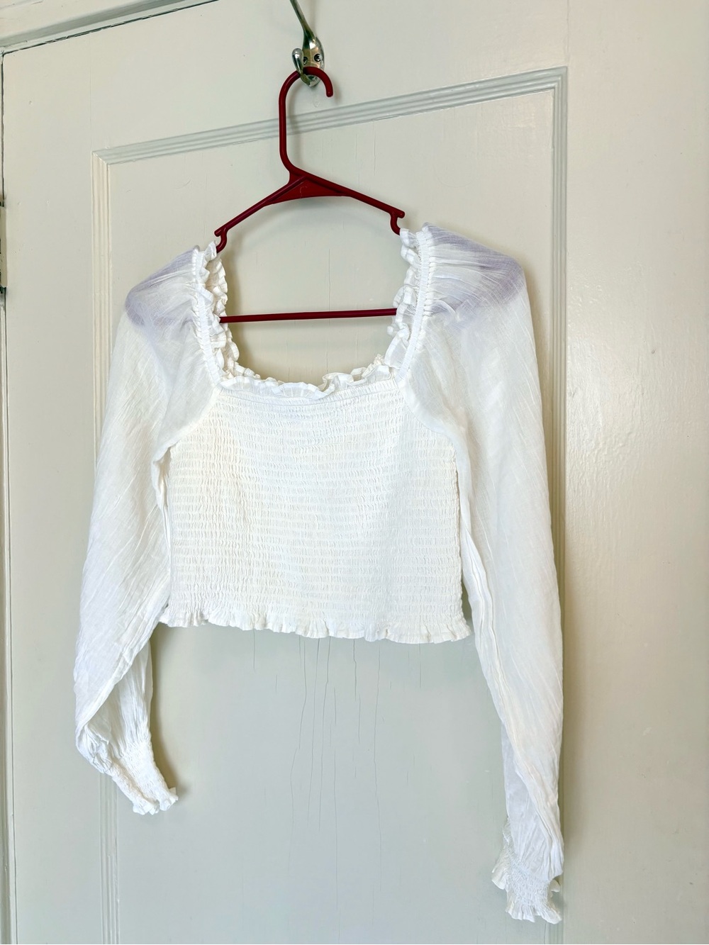 aerie White Smocked Square-Neck Long Sleeve Blouse